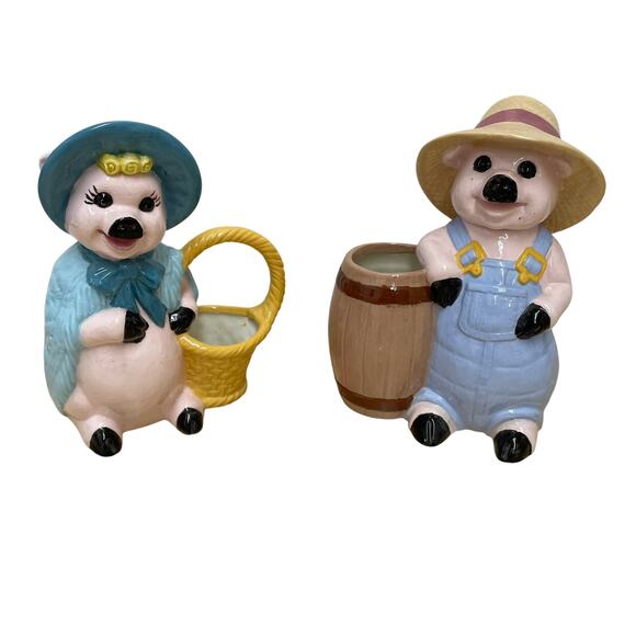 Ceramic Set of 2 Pigs Male and Female Utensil Holder Small Chip Signed N K GUC - Picture 1 of 12
